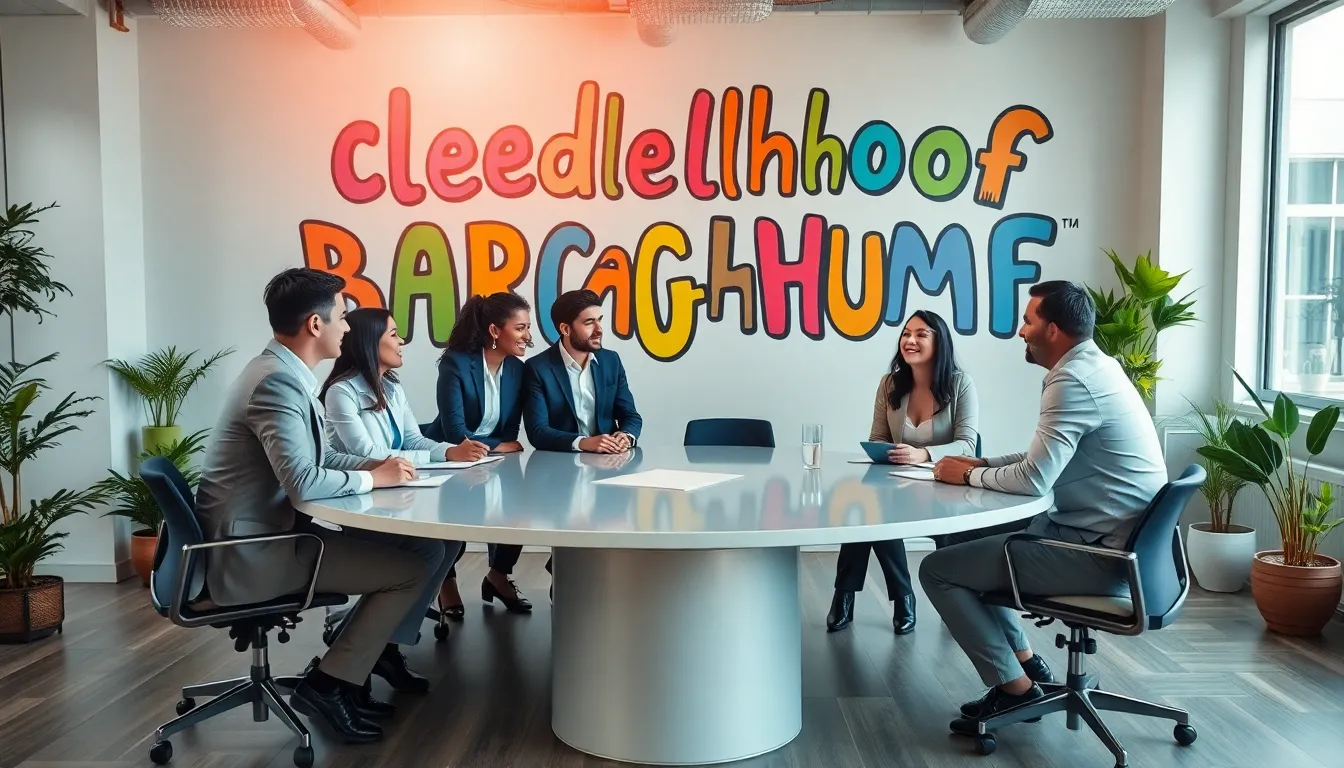 diverse team discussing playful language in a modern office.