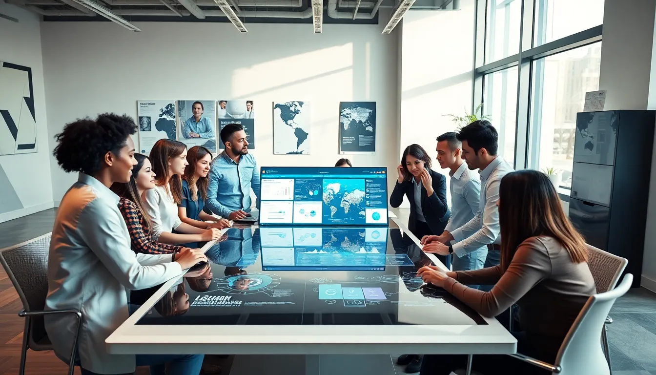 diverse professionals collaborating in a modern workspace.
