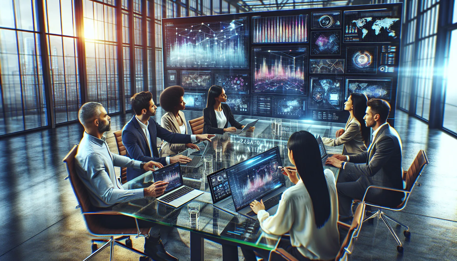 professionals collaborating on data analysis in a modern office setting.