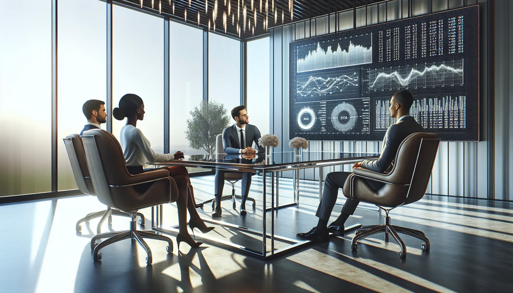 diverse team discussing numerical data in a modern office.