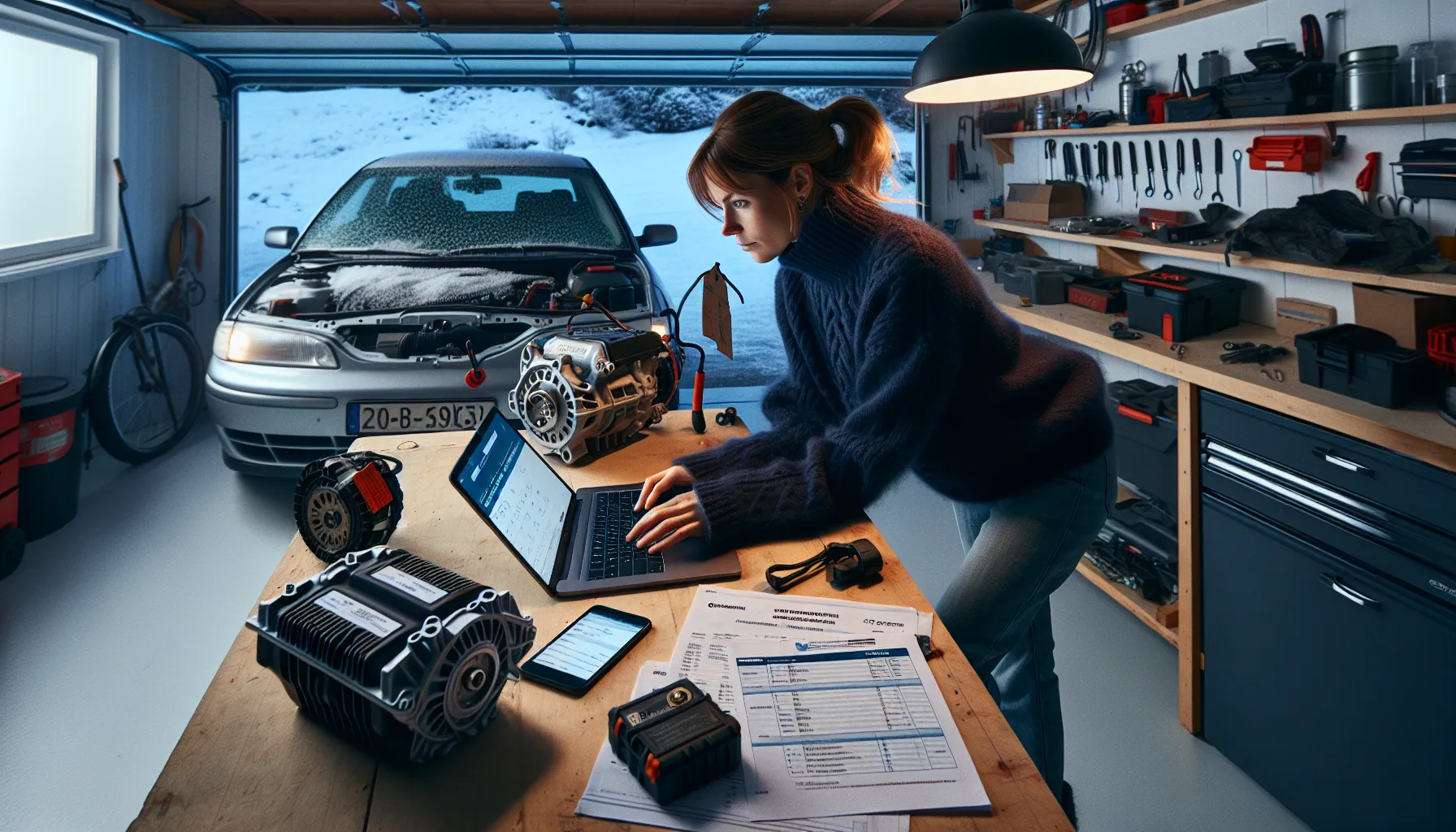 Norwegian woman comparing dealer, online, and used car parts in a garage.