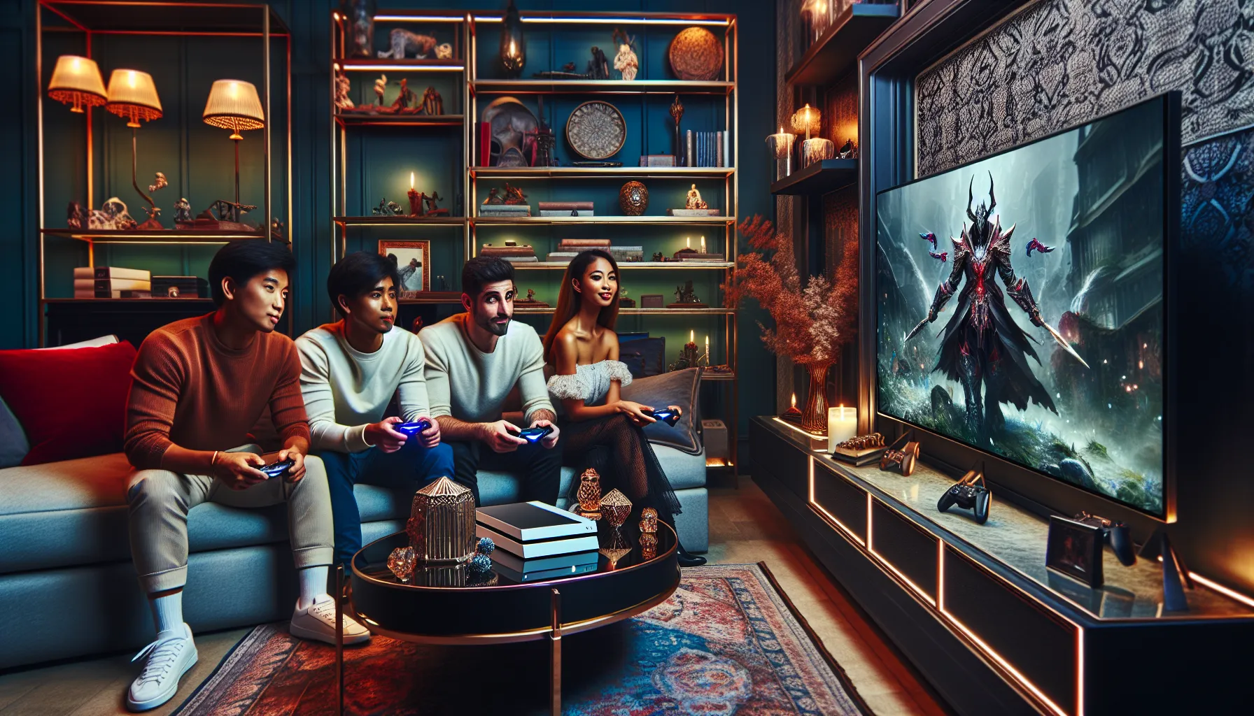 diverse friends playing Warcraft on a PS5 in a modern living room.