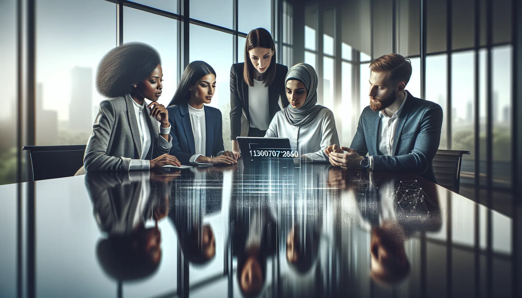 diverse team discussing a digital identifier in a modern office.