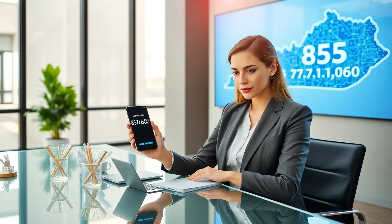 professional examining smartphone showing area code 859.