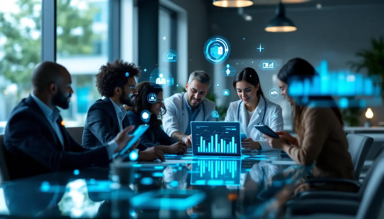 Healthcare professionals analyzing AI-driven cost reduction data in modern office setting.