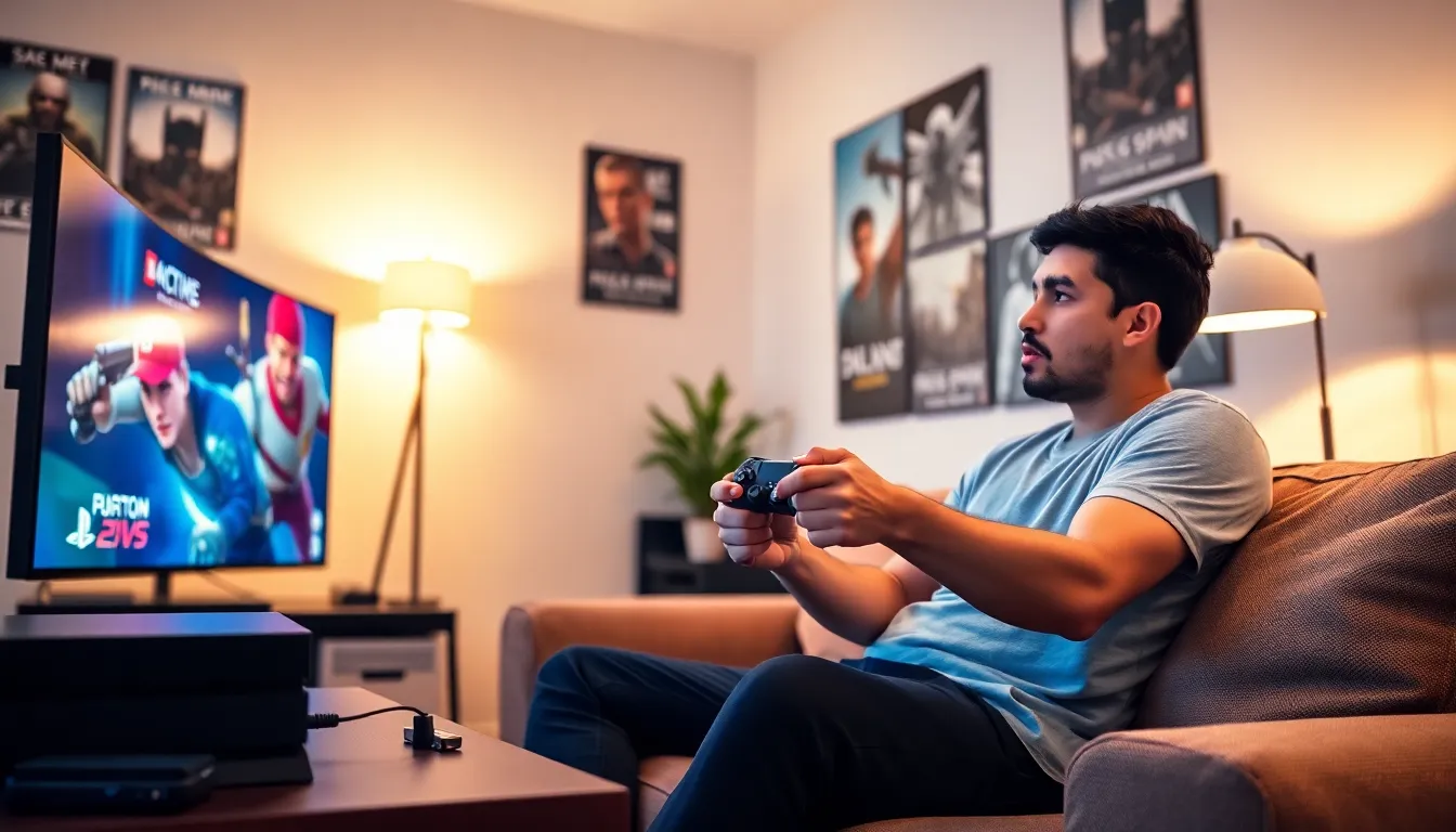 a gamer updating his PS4 with a USB drive in a cozy living room.
