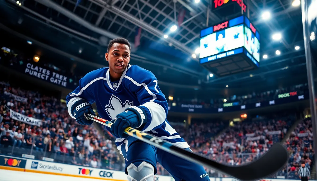 a young hockey player in action during a game in a packed arena.