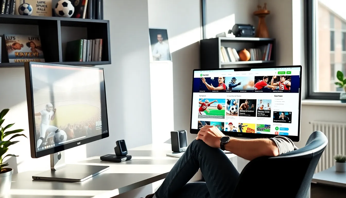 A man engaging with the LatestSportsBuzz.com sports news website on a computer.
