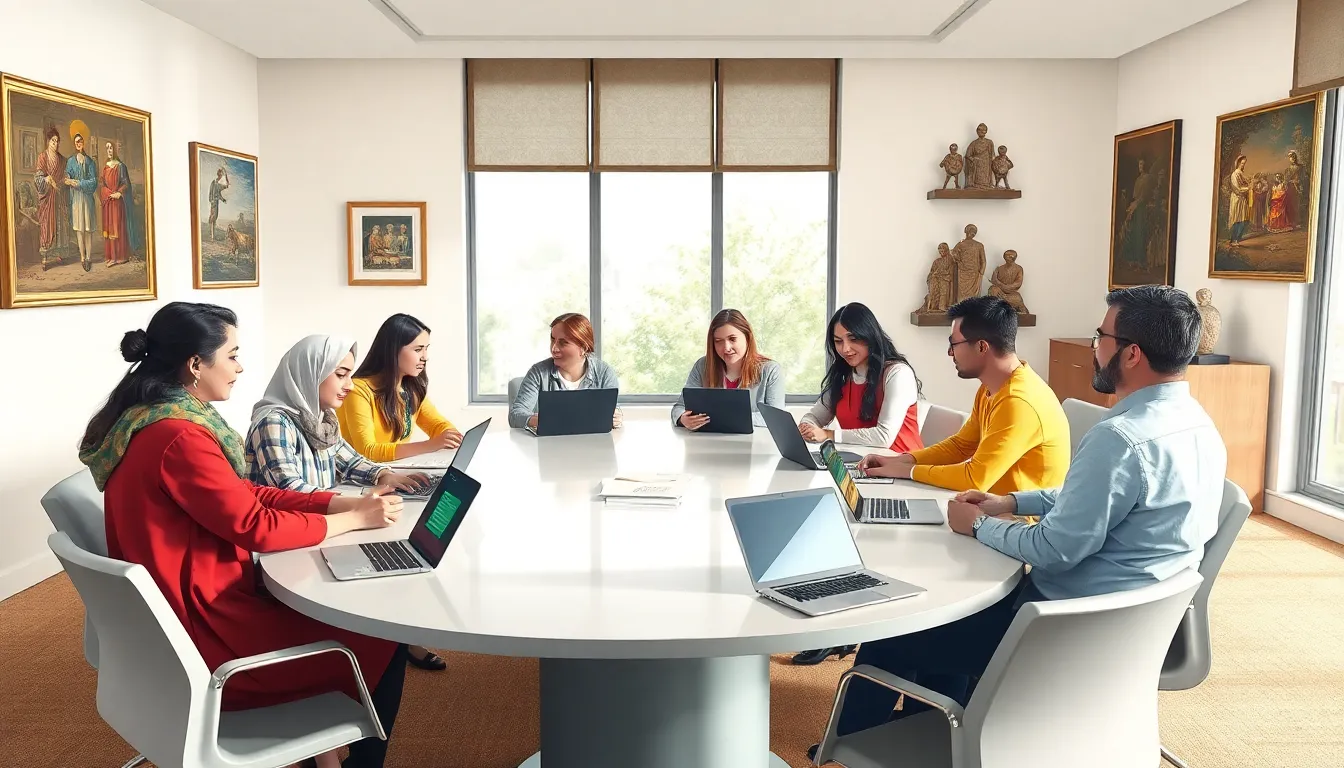 diverse team discussing cultural significance in a modern office.