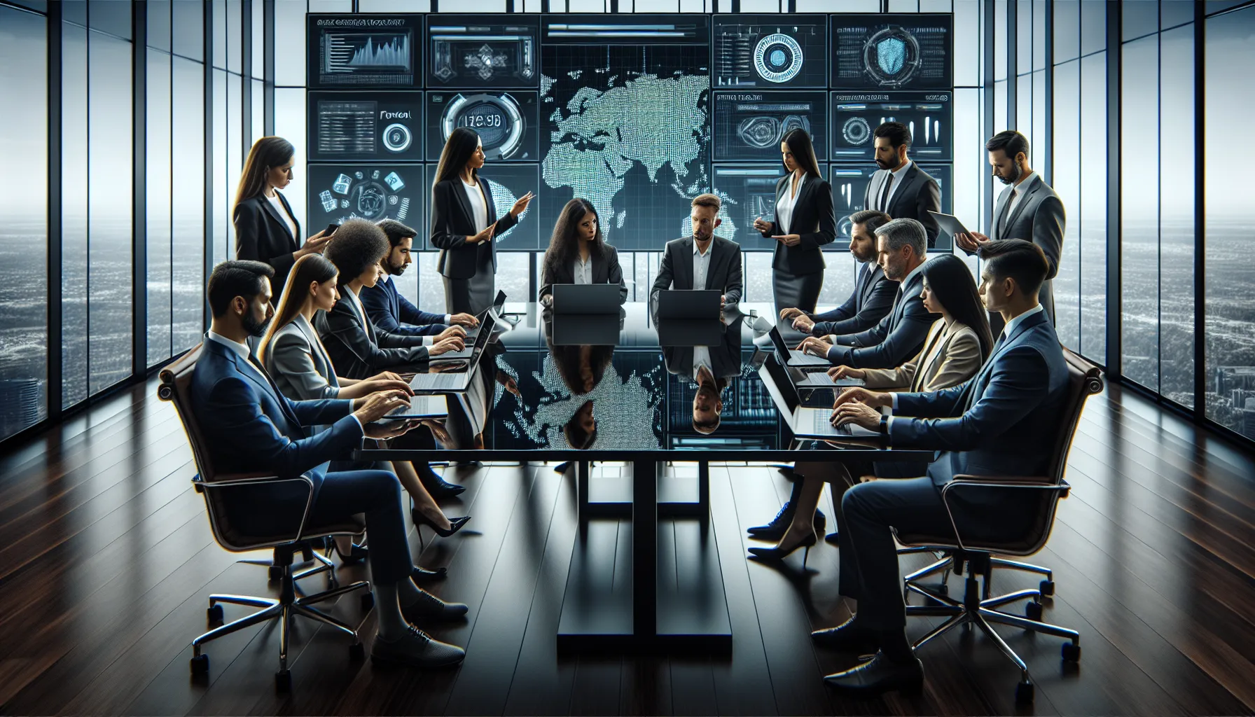 Cybersecurity team discussing data protection strategies in a modern office.