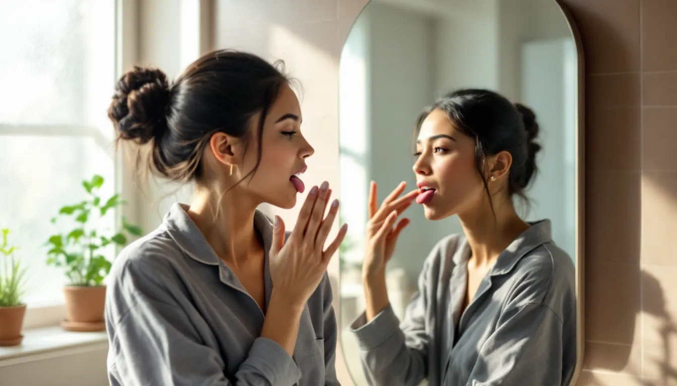 Woman examining her tongue coating in a bathroom mirror each morning.
