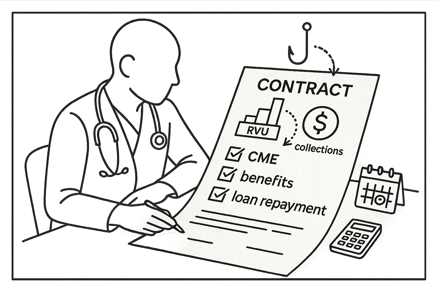 Physician assistant reviewing a compensation-focused contract with icons.