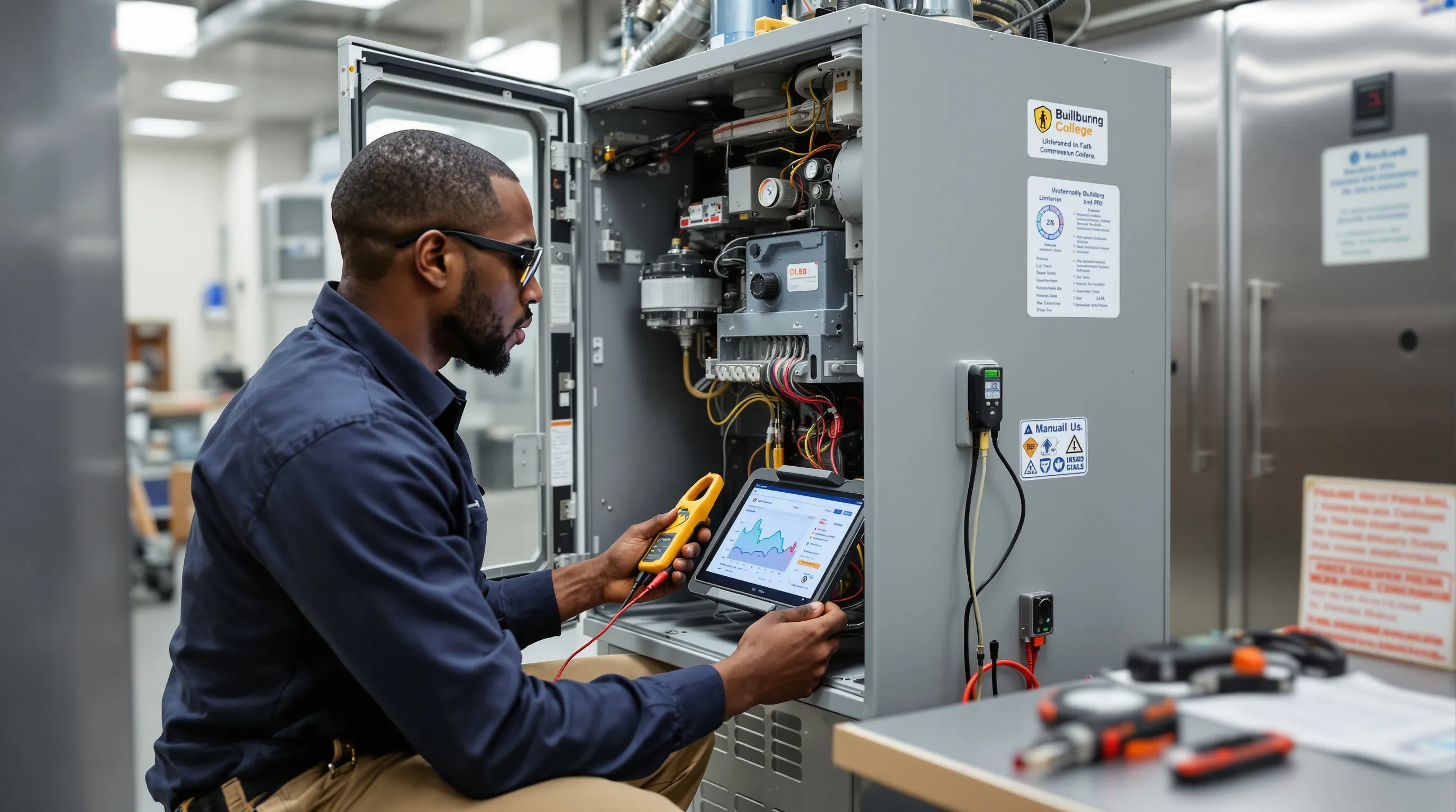 HVAC student testing a variable-speed system in a smart training lab.