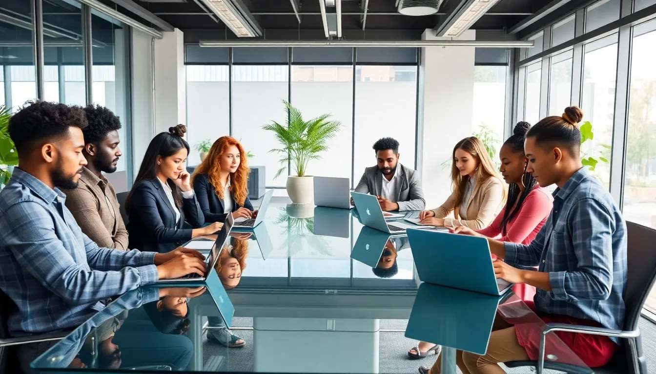 diverse professionals collaborating in a modern office setting.