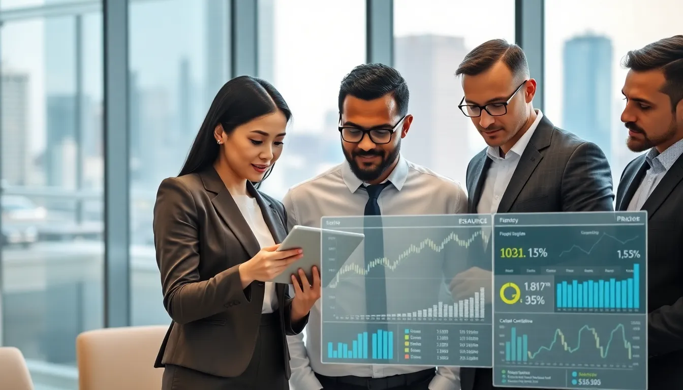 professionals discussing stock market investment in a modern office.