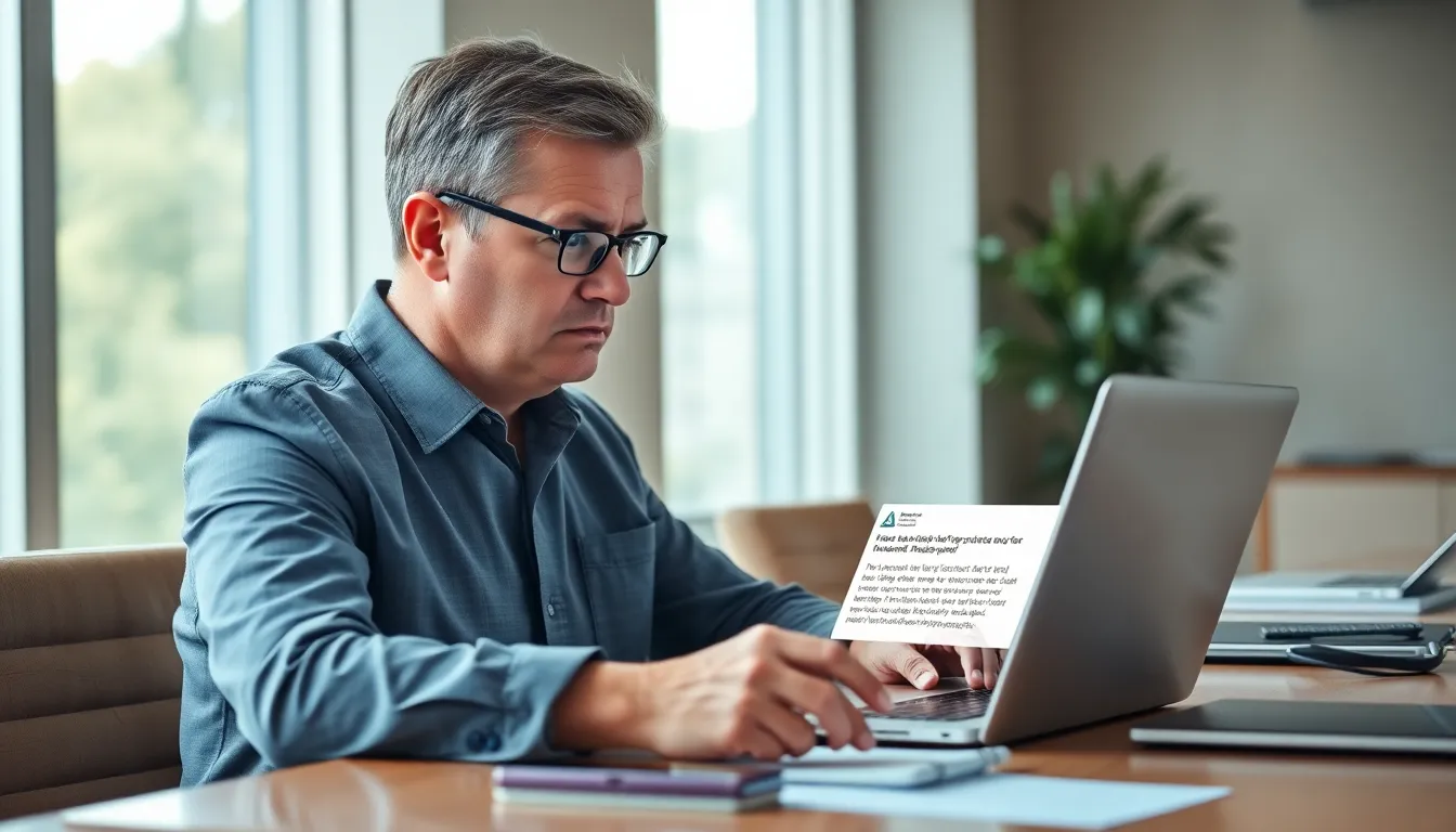 individual concerned about a social security scam email at a modern desk.