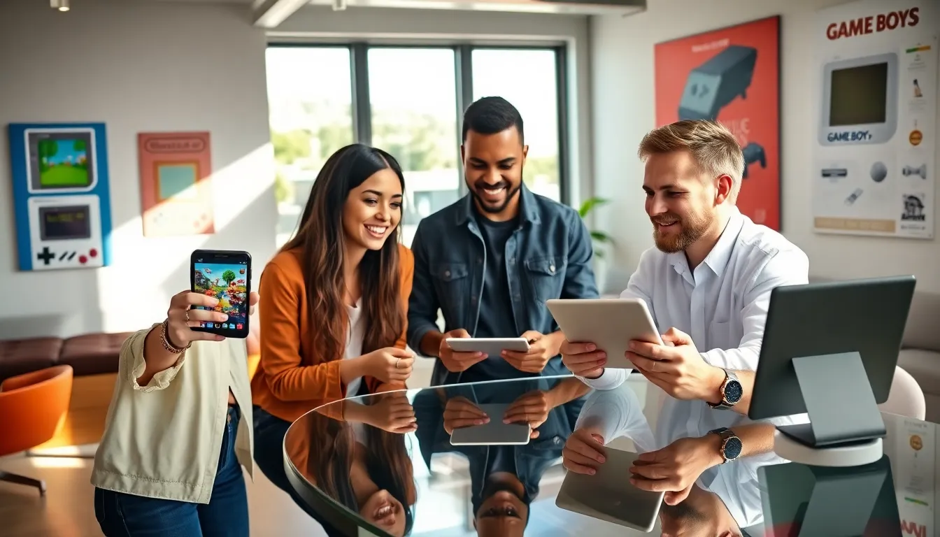 professionals discussing portable gaming innovations in a modern office.