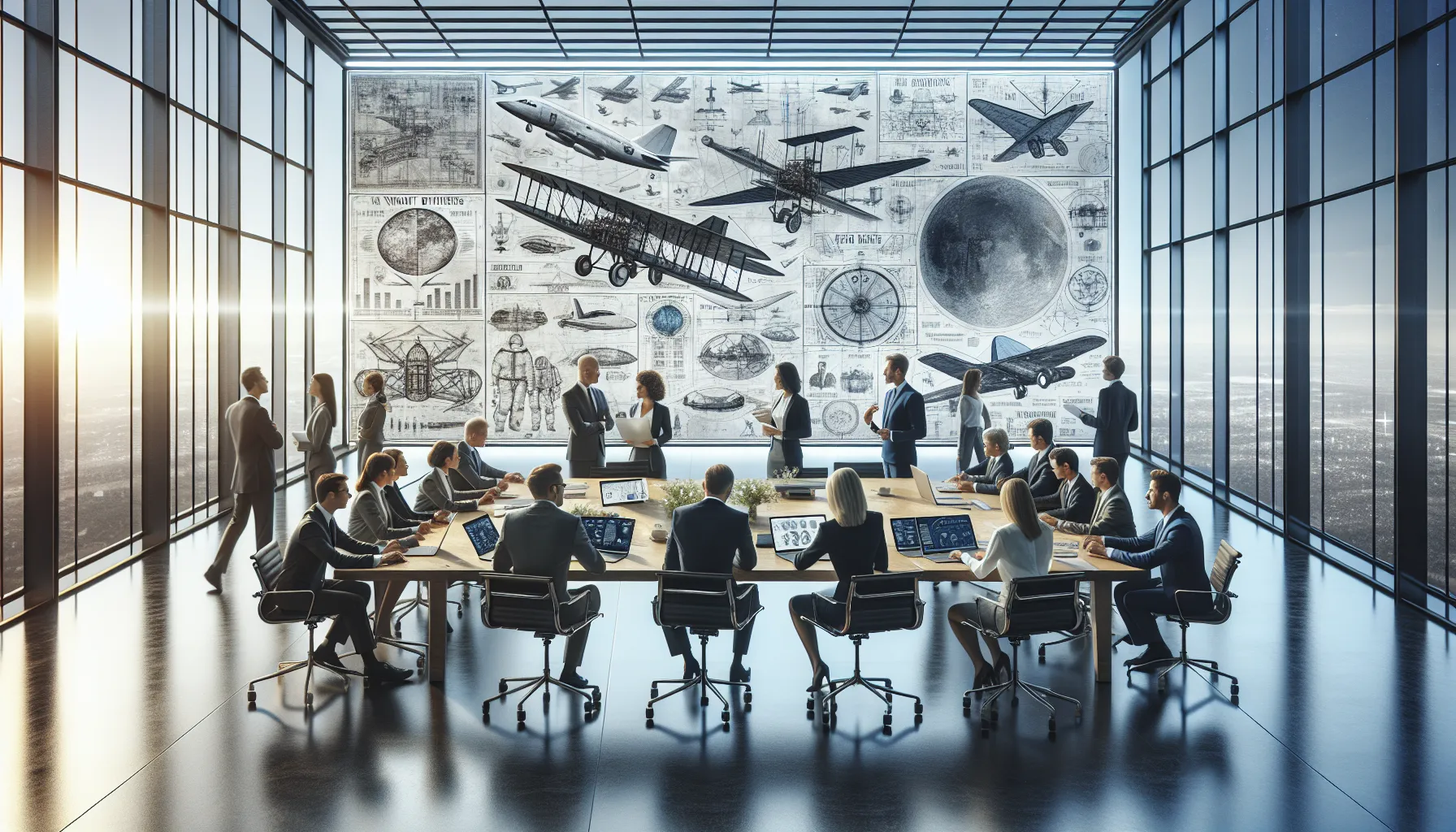 diverse professionals discussing aviation technology in a modern office.