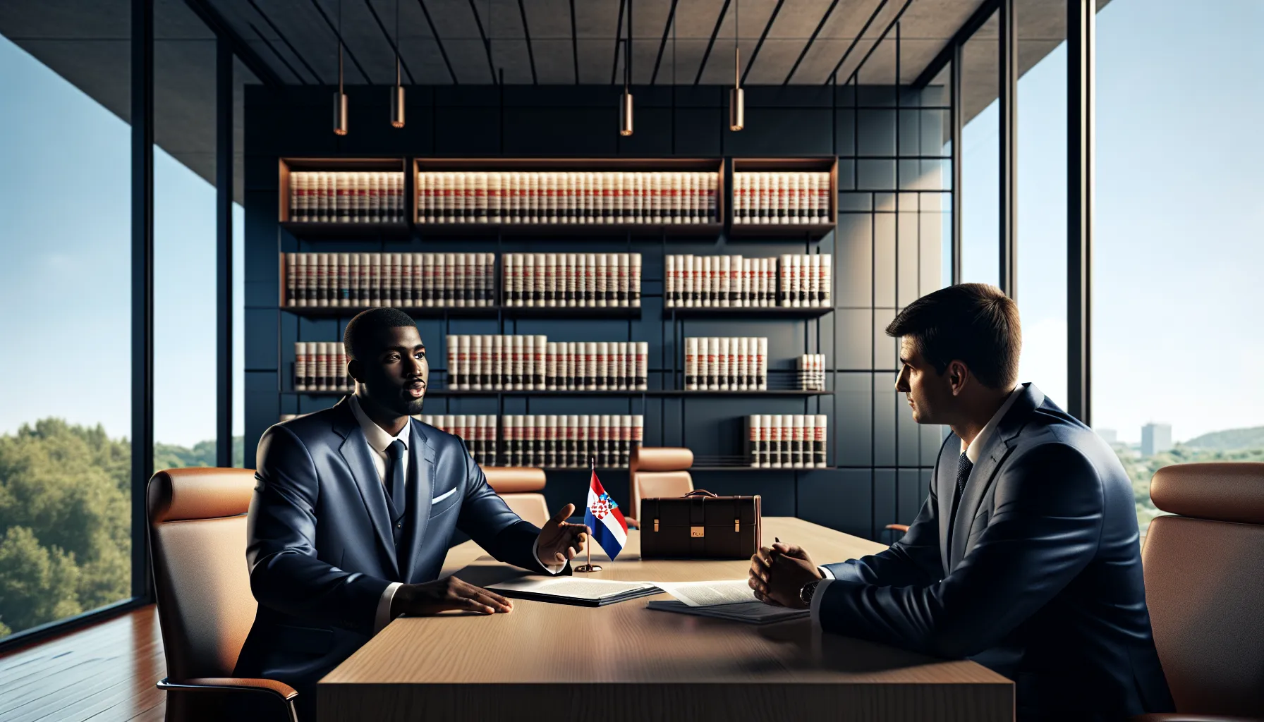 Croatian lawyer consulting with client about legal documents in modern office