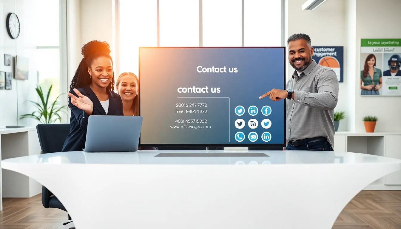 a diverse team engaging around a contact us page at an office desk.