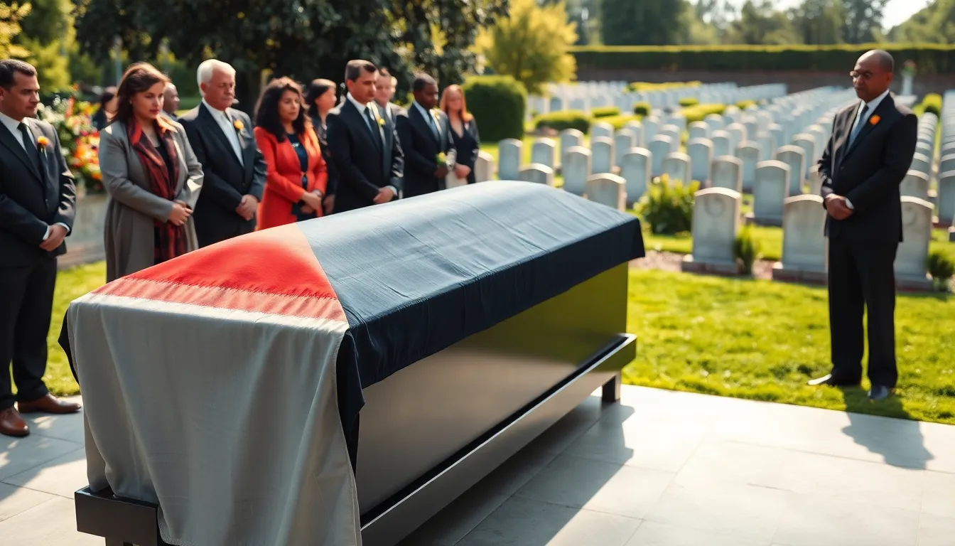 funeral scene with a flag draped over a casket and diverse mourners.