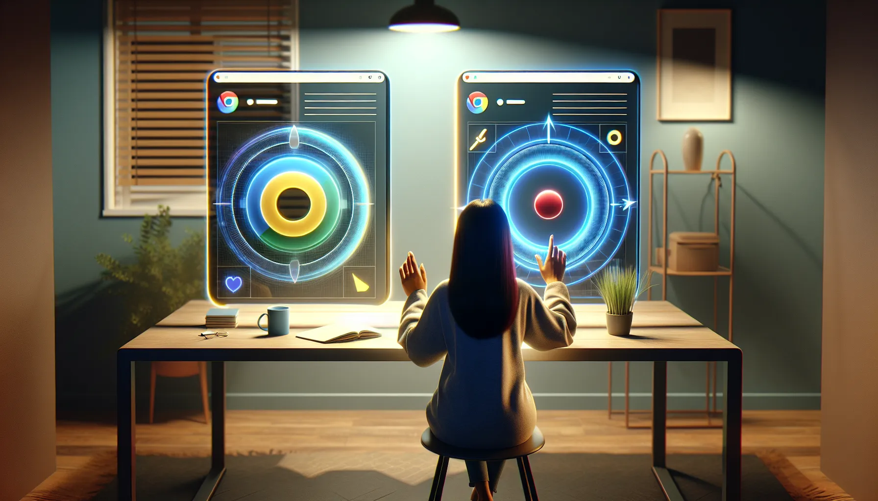 A person uses Chrome and Safari browsers on dual screens in a home office.