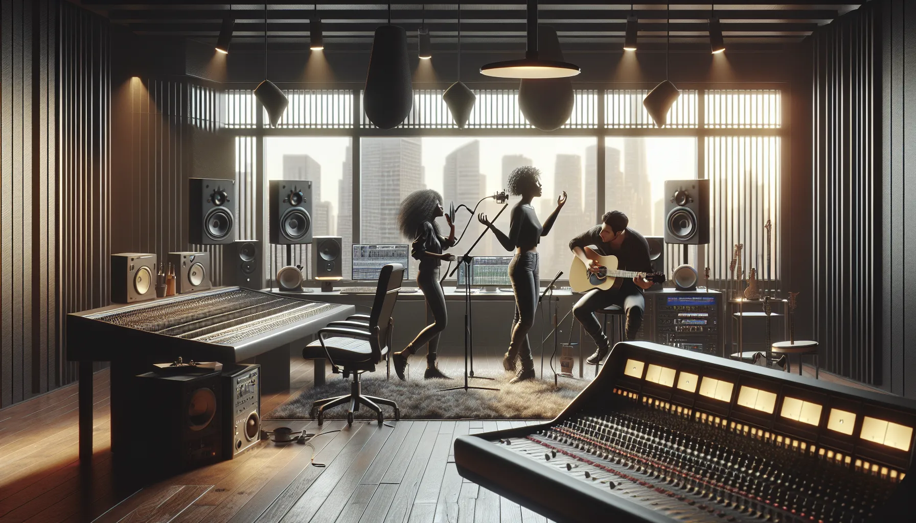 musicians in a studio discussing the emotion of minor key songs.