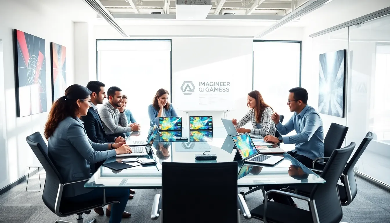 diverse team collaborating on game design in a modern office.