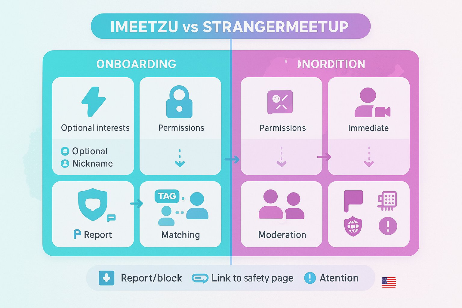 Side-by-side comparison of iMeetzu and StrangerMeetup onboarding, matching, moderation.