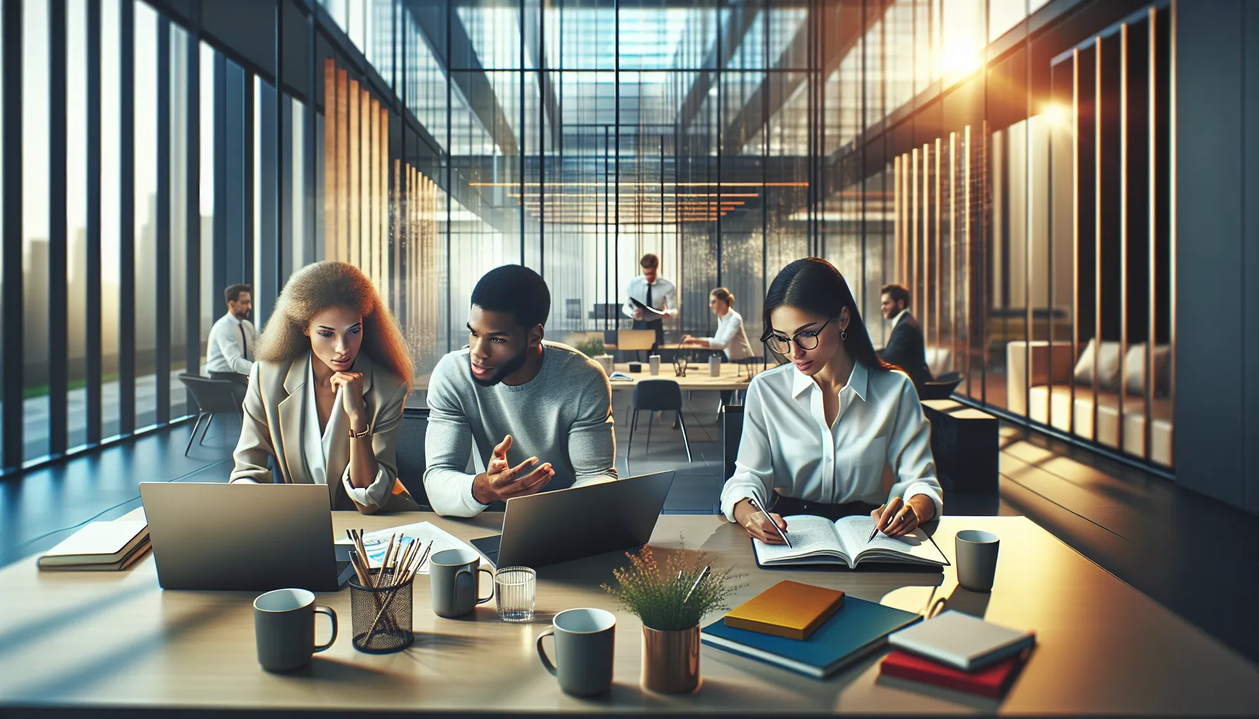 diverse team discussing in a modern office setting.