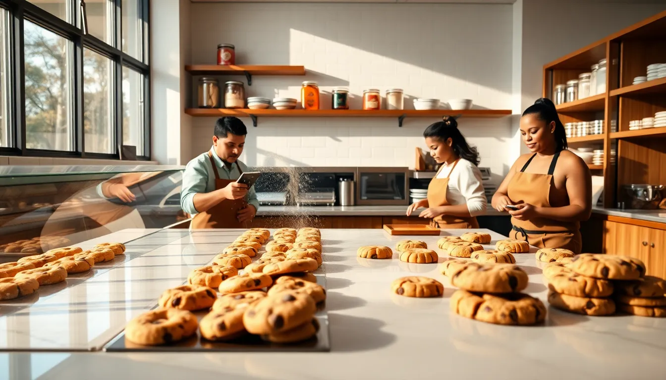Modern bakery with diverse bakers preparing a variety of cookies.