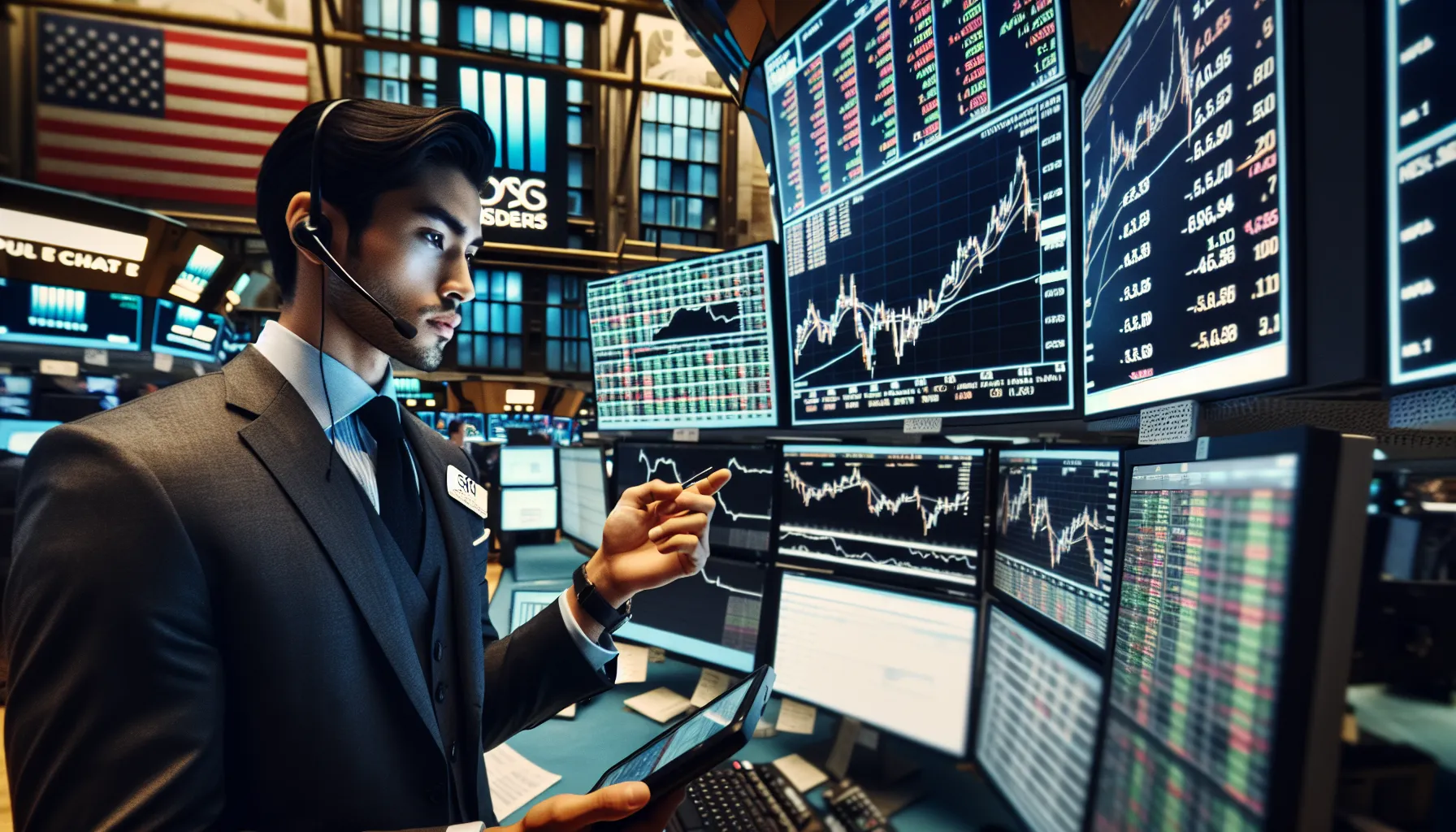 A trader analyzing stock data on monitors in a busy trading room.