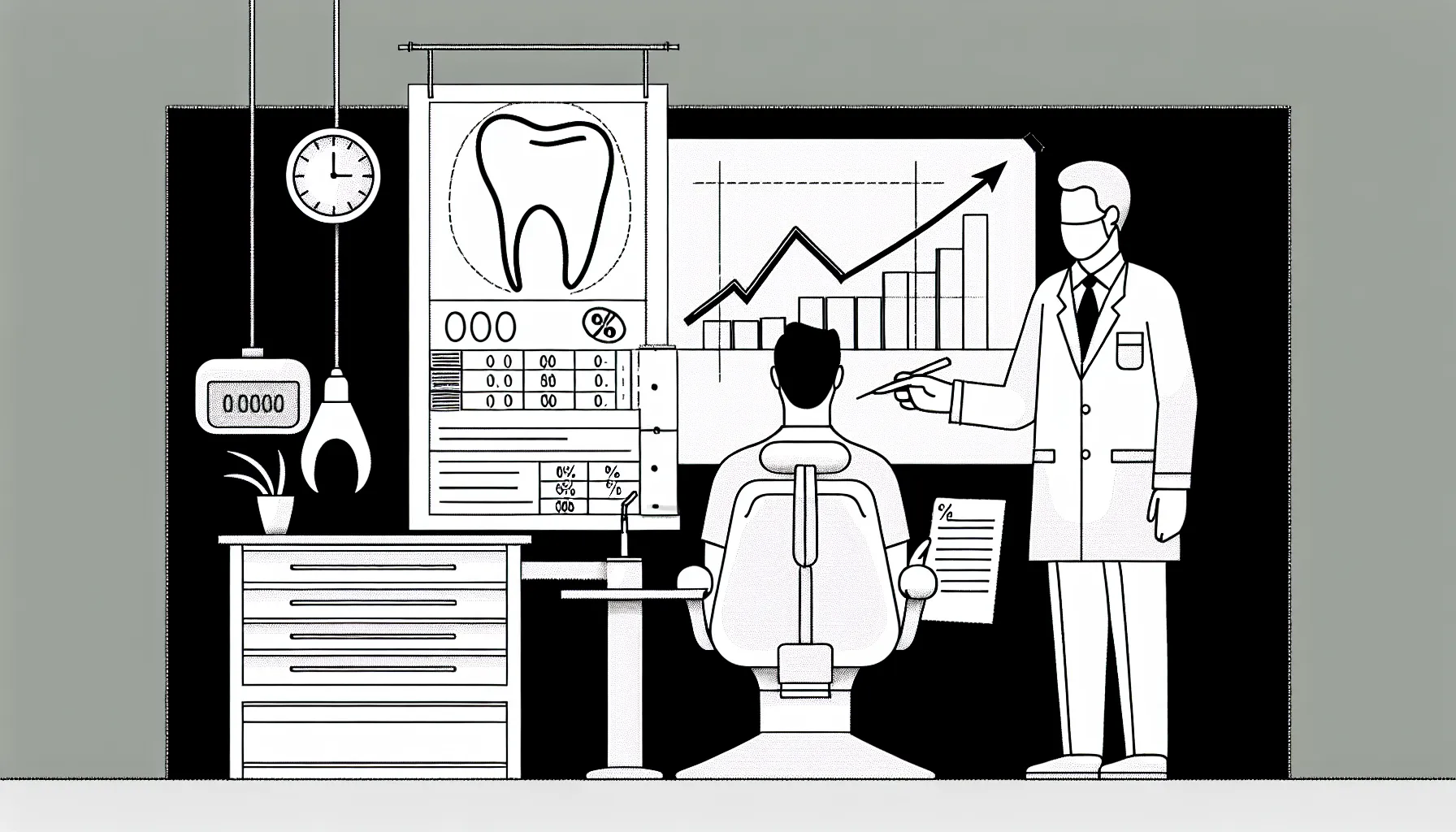 Dentist viewing paystub while manager points to rising productivity chart.