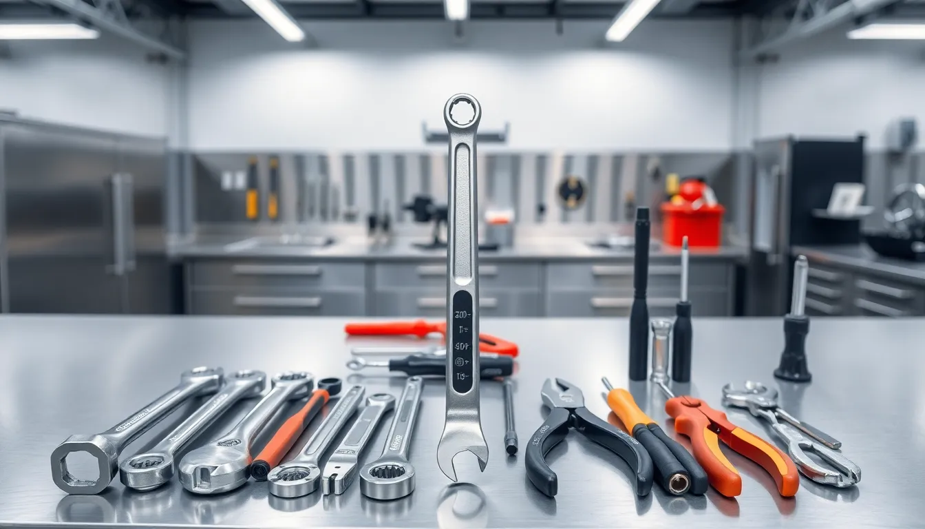 organized hand tools in a modern automotive workshop.