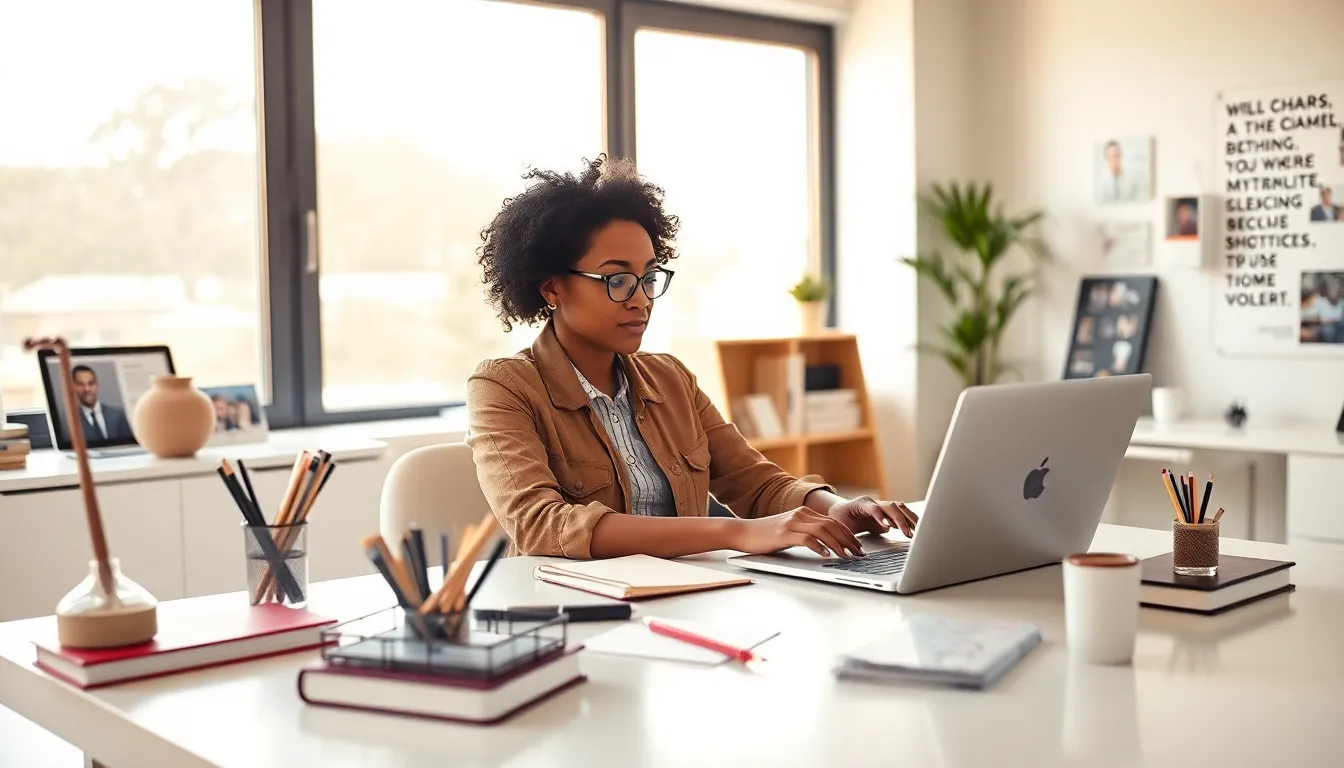 individual writing at a modern desk, illustrating storytelling passion.