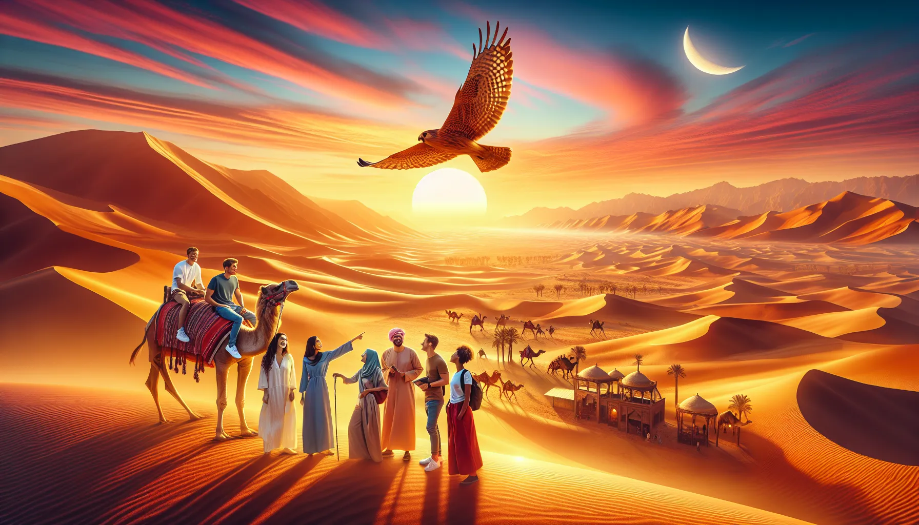 tourists enjoying camel rides in the Dubai desert at sunset.