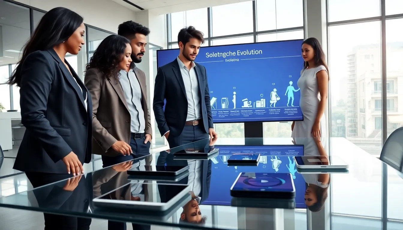 diverse professionals discussing smartphone evolution in a modern office.