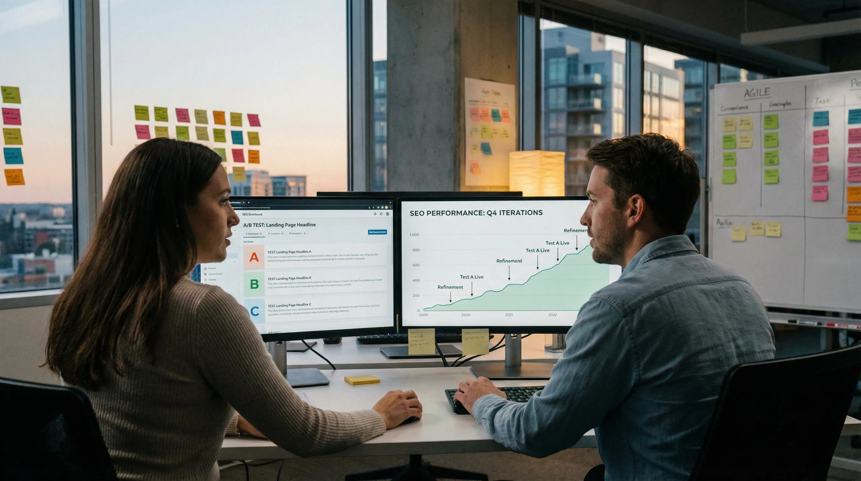 Two colleagues reviewing an SEO dashboard with test variations and a performance timeline on dual monitors.