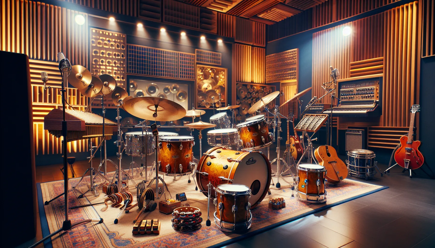 A detailed drum kit with auxiliary percussion in a modern music studio.