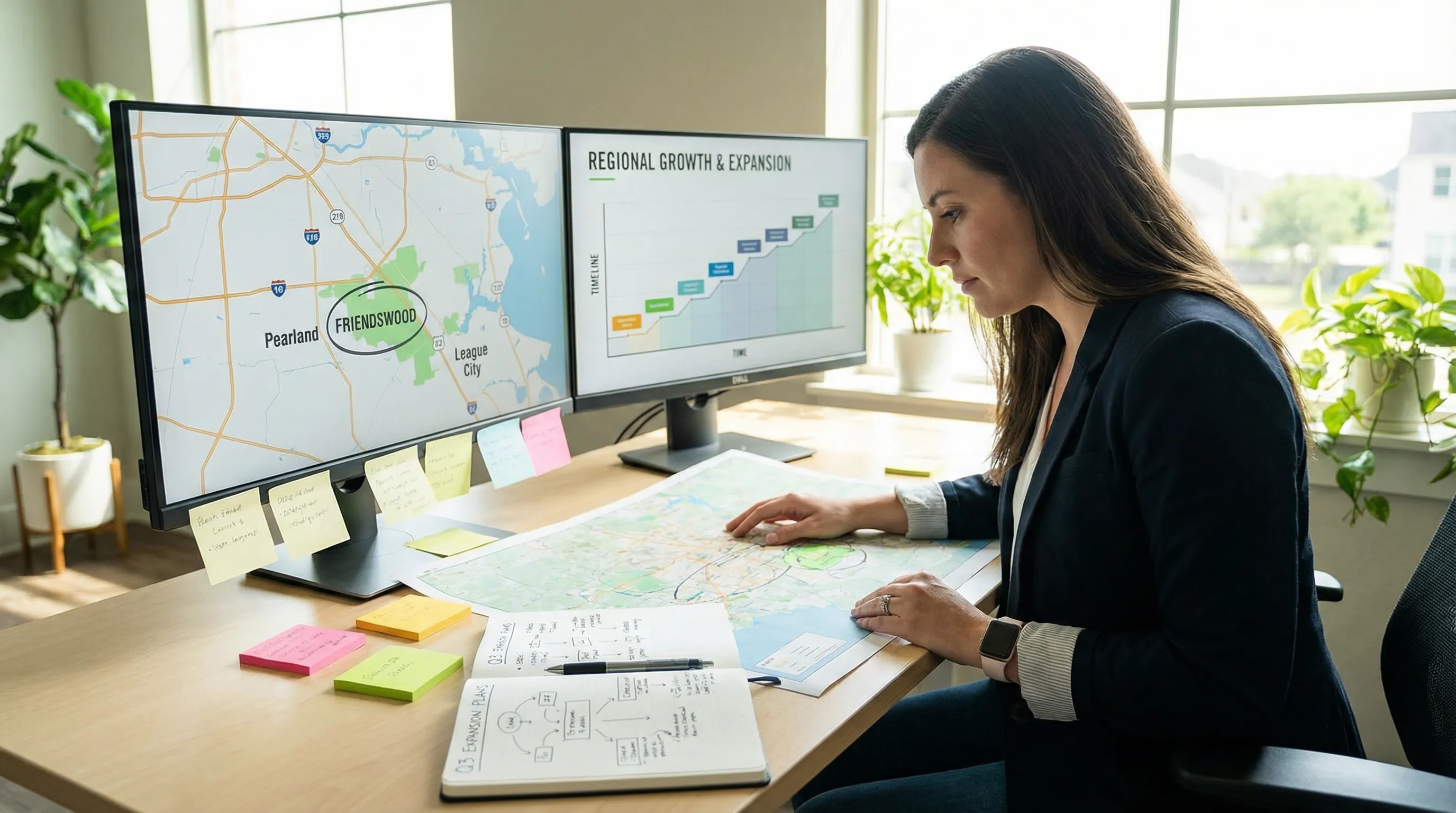 SEO strategist planning an expanding local strategy for Friendswood and nearby areas using maps and timelines on dual monitors.