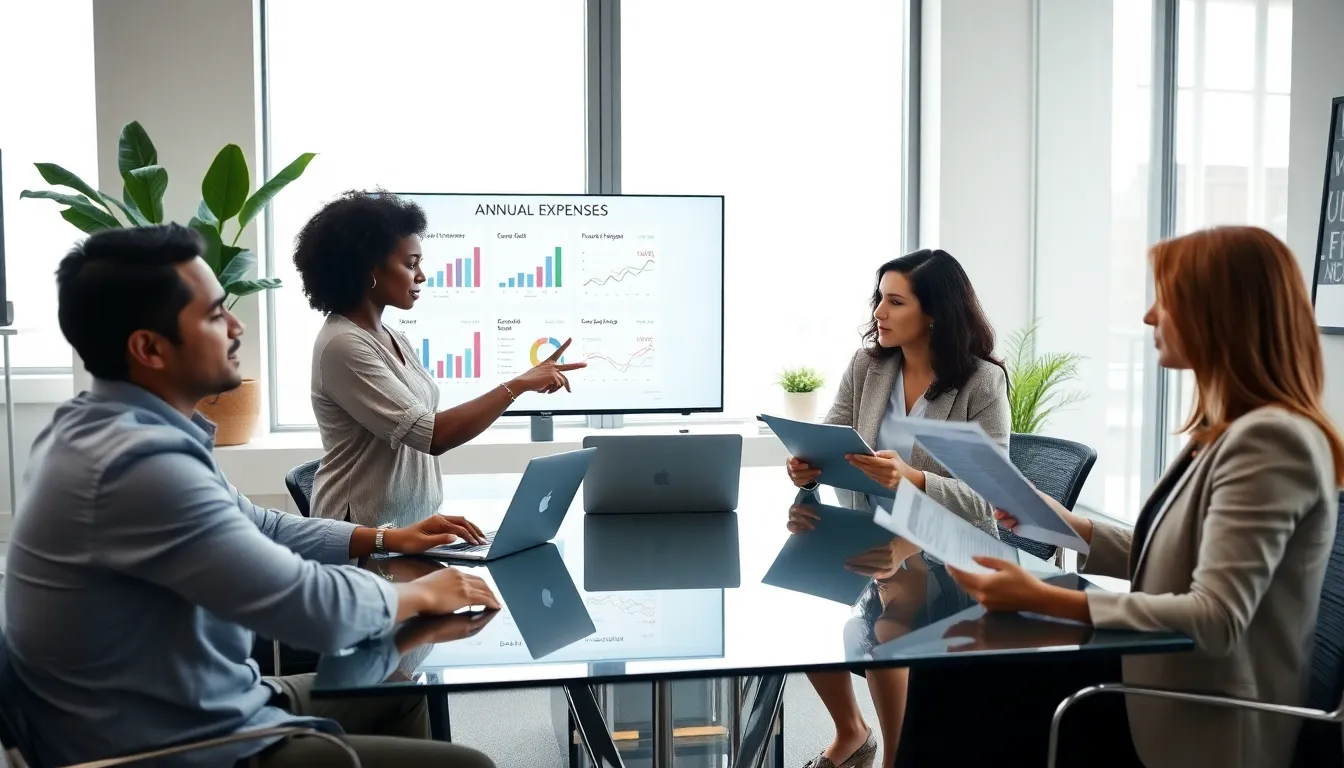 diverse professionals discussing annual expenses in a modern office.
