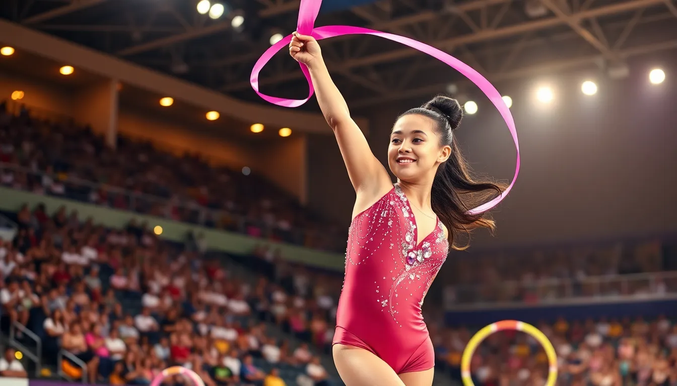a female rhythmic gymnast performing with a pink ribbon in an arena.