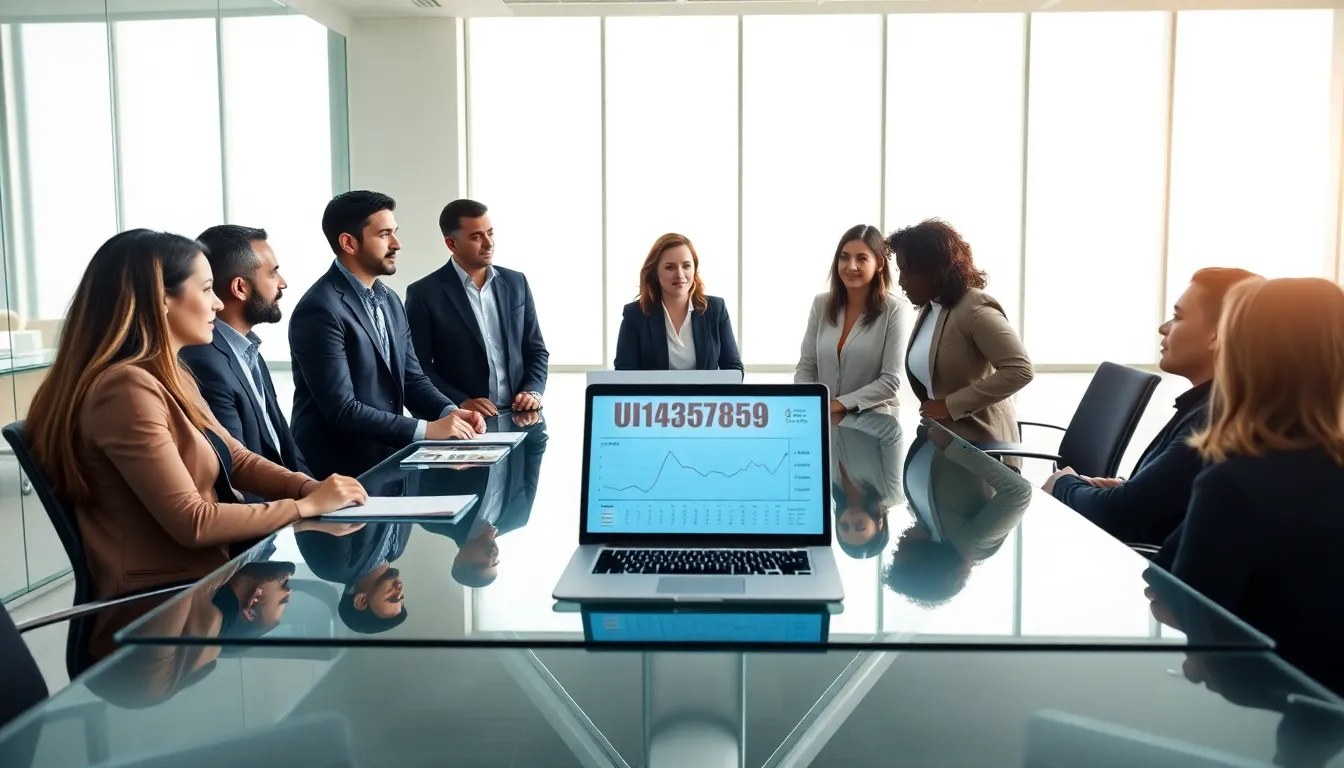 diverse team discussing data in a modern office.