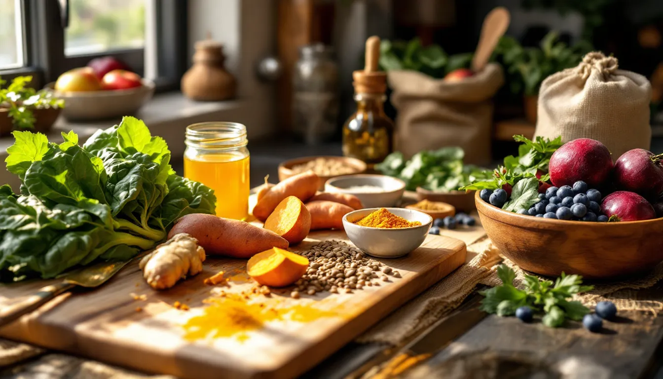 Fresh vegetables, grains, ghee, and spices arranged on a sunlit kitchen counter.