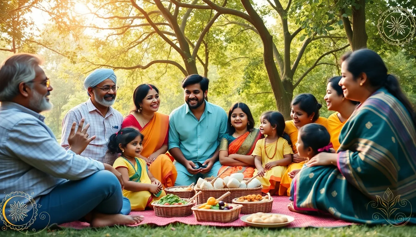 family gathering sharing traditional Telugu riddles outdoors.
