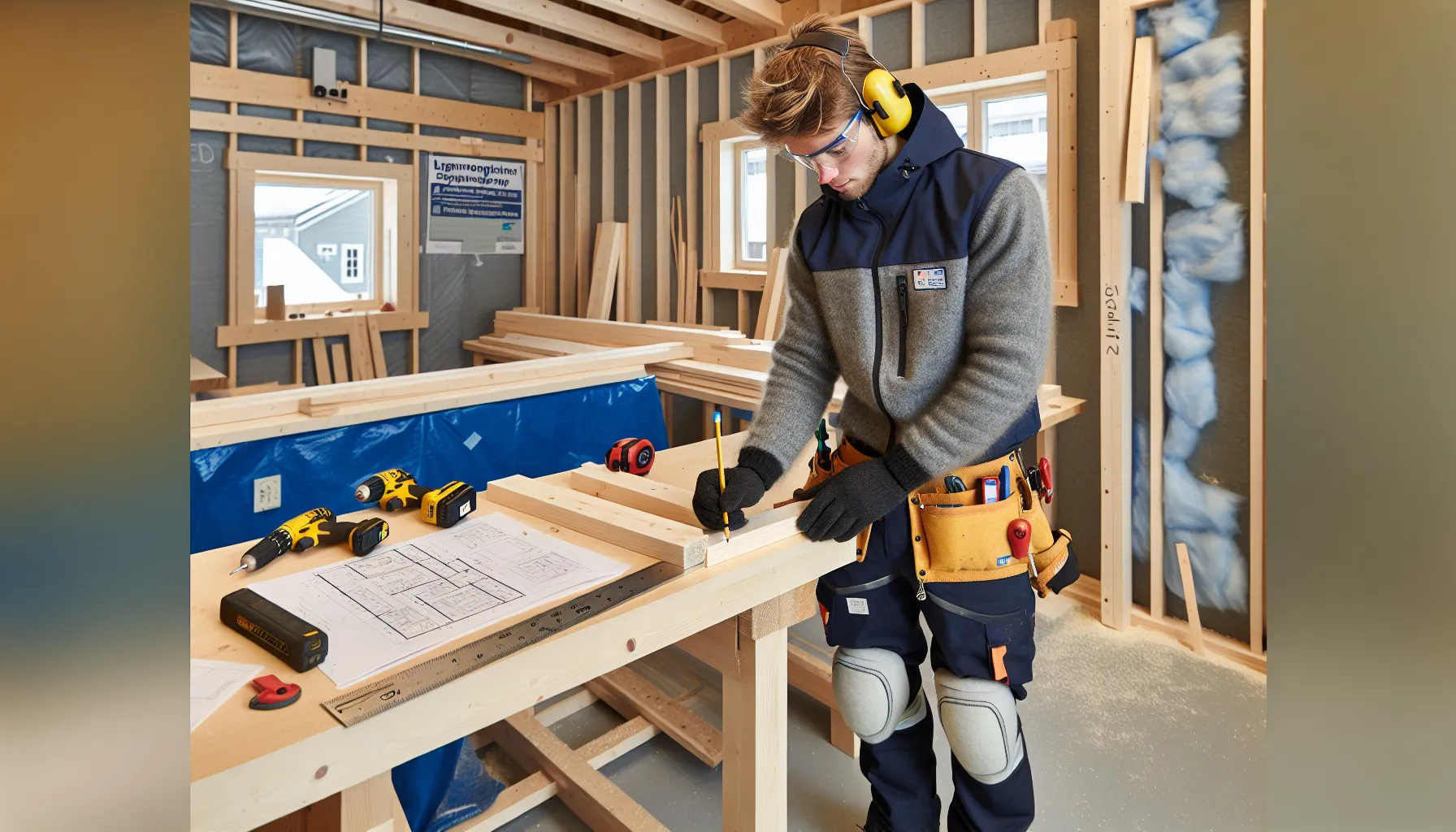 Slik utdanner du deg til tømrer – steg for steg 3 Norwegian apprentice carpenter measuring a stud in a school workshop, contract nearby.