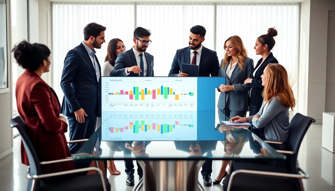 diverse team discussing tech project management in a modern office.