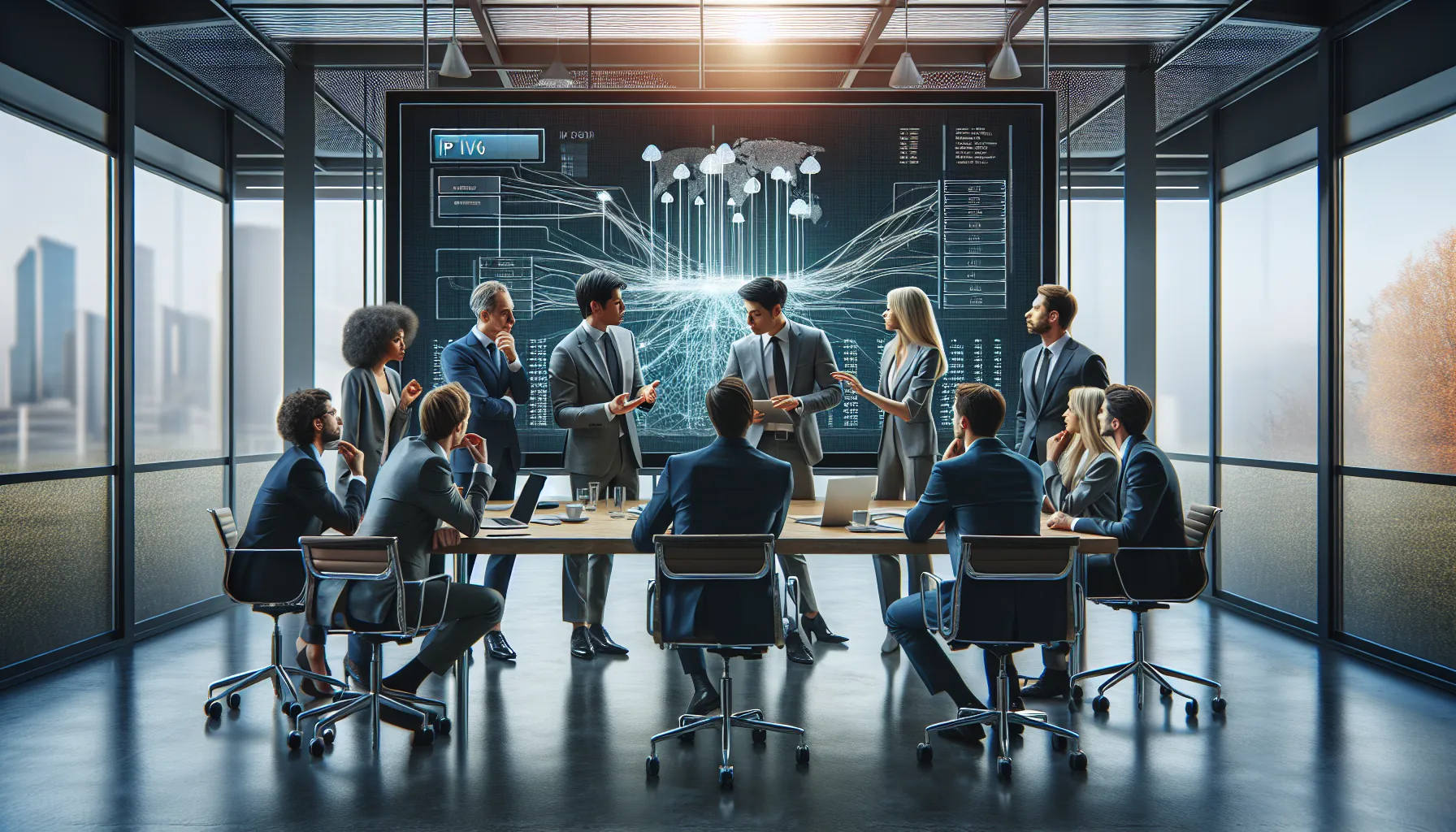 diverse IT professionals discussing digital network diagrams in a modern office.