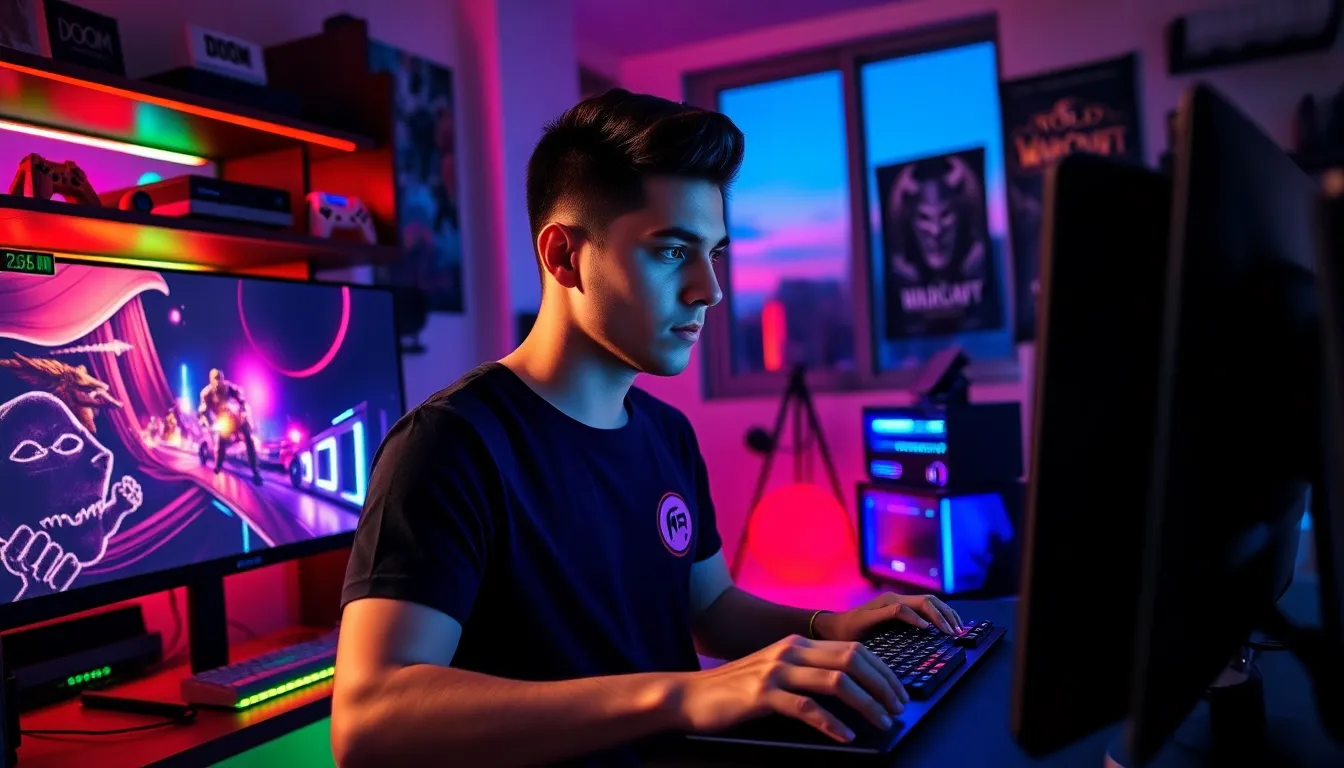 a young gamer focused on his high-end PC gaming setup in a vibrant room.