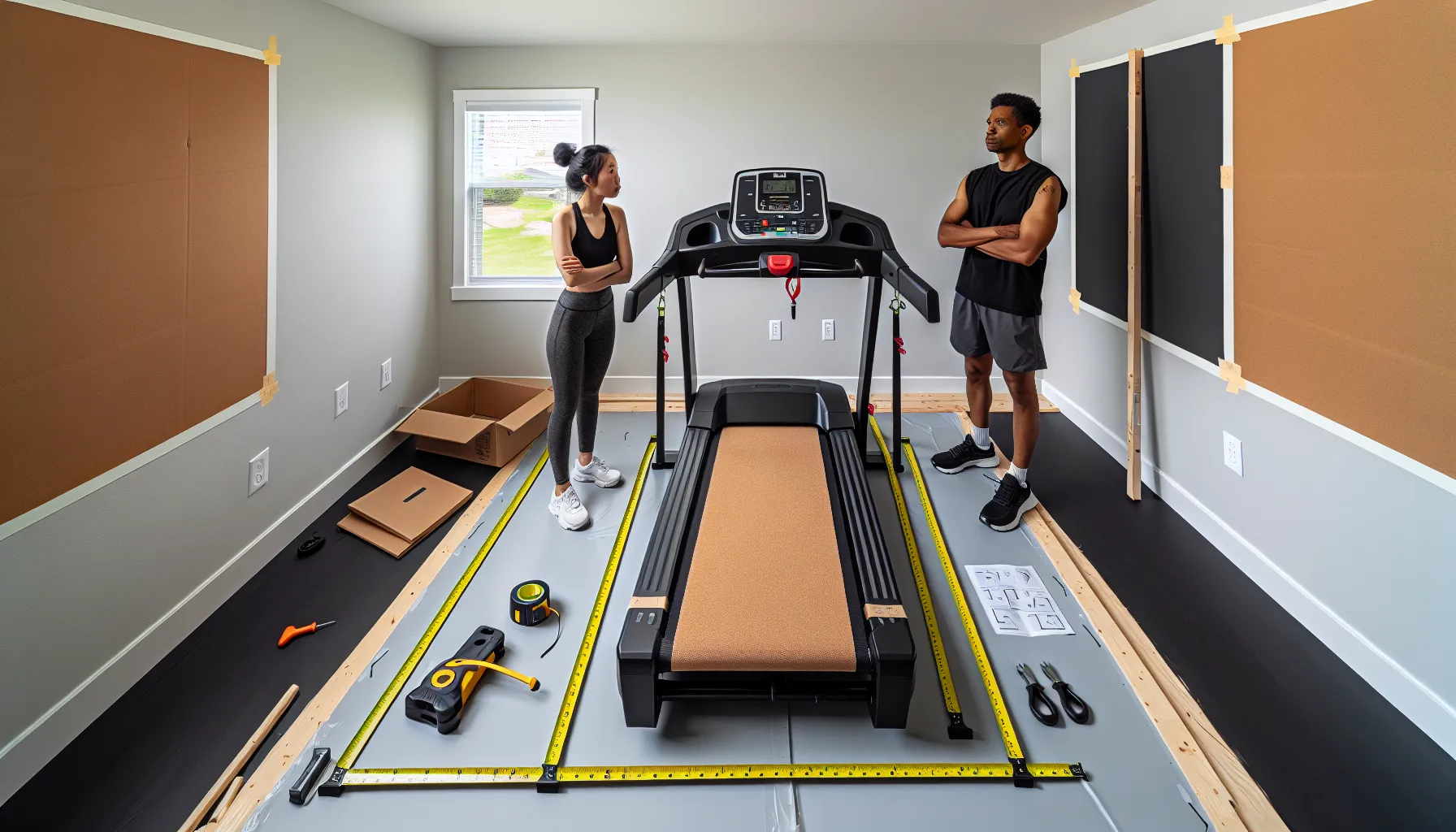 Two adults measure clearance around a foldable home treadmill with packaging nearby.